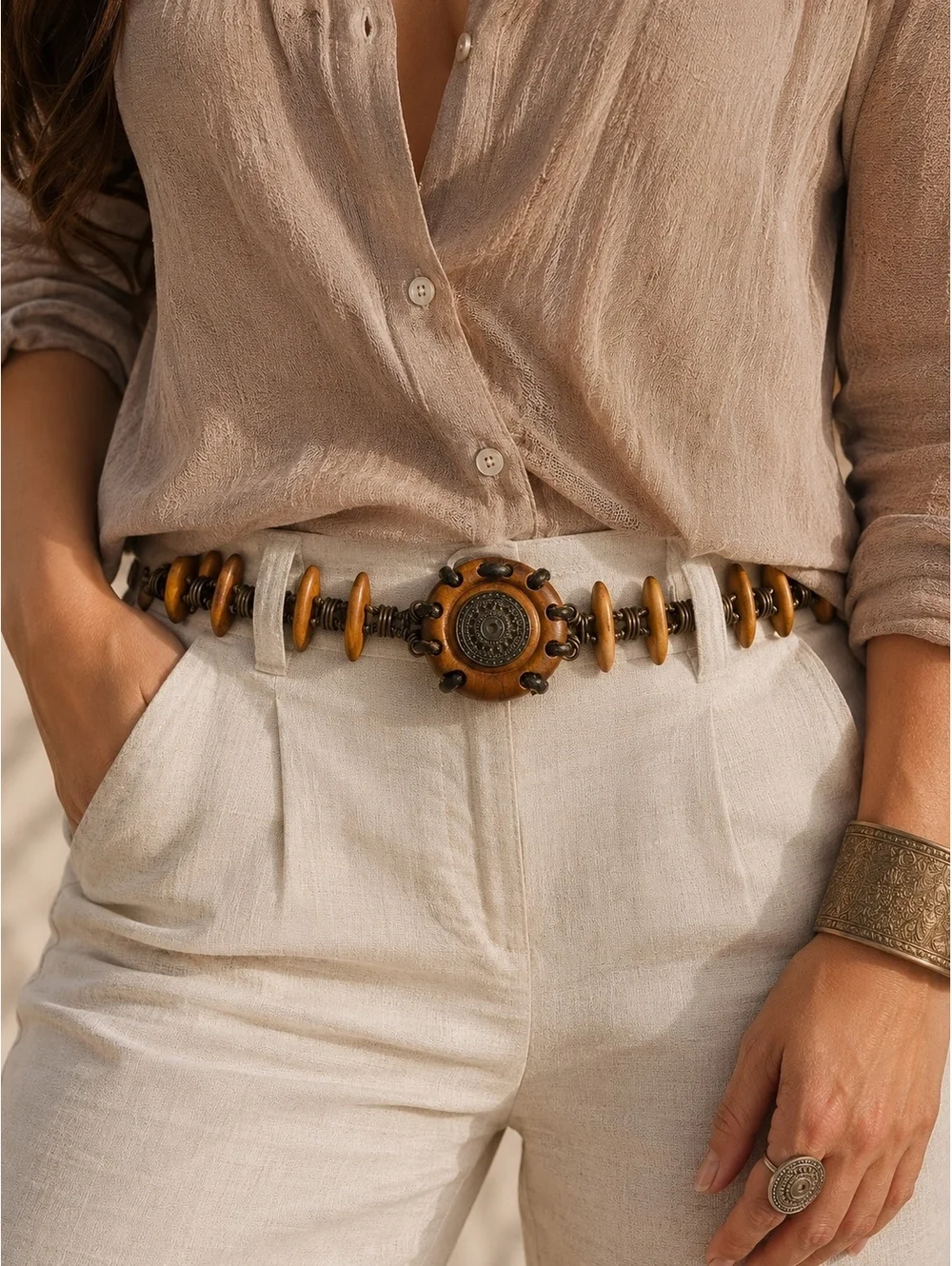 Vintage Boho Wood & Metal Statement Belt Adjustable Artisan Style